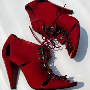 TopShop Red Suede Leather Heels – Size 7.5 / 38 EU - Tie Up – NWT